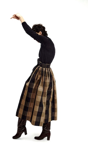 MARTIN GRANT -Gathered Skirt W Front Opening- : CAMEL/BLACK CHECK,