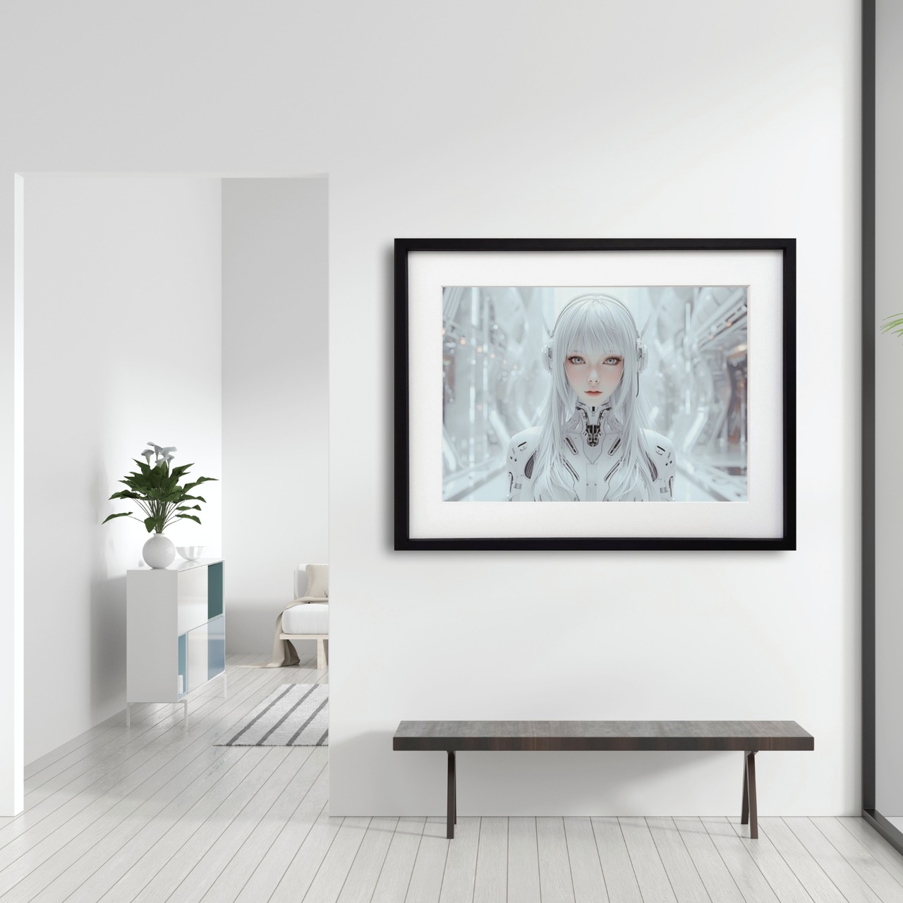 Cyber Angel｜人とテクノロジーが融合する近未来アートポスター｜幻想的な光が空間を包み込むサイバーパンクインテリアA2ポスター