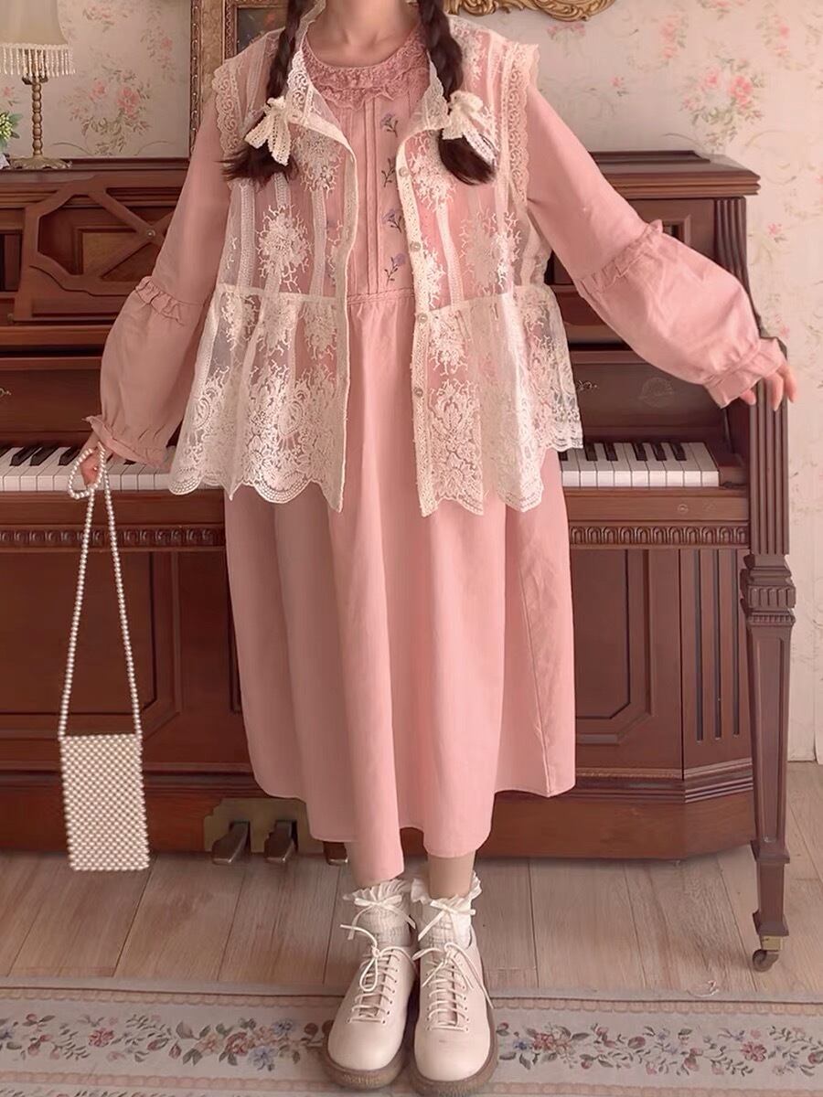 marble 別襟、姫袖つきワンピース　ピンク　新品 別衿・姫袖付きドレスワンピース：ピンク×白フリル - MARBLE ~online shop~