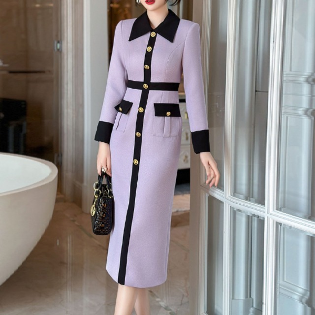 【送料無料】 ロングドレス カラードレス ひざ丈 ミモレ Iライン 長袖 Vネック ボタン エレガント 可愛い 大人可愛い きれいめ シンプル カジュアル シック コンサバ 華やか 大人 上品 おしゃれ お洒落 主役級 こなれ感 高見え 高級感 フェミニン 無地 春 秋 30代 40代 レディース 女性用 お出かけ 女子会 お呼ばれ 結婚式 二次会 パーティ 演奏会 ファッション コーデ スタイル 楽ちん 体型カバー 美脚 脚長 定番 垢抜け 存在感 パープル 大人カラー ニュアンスカラー