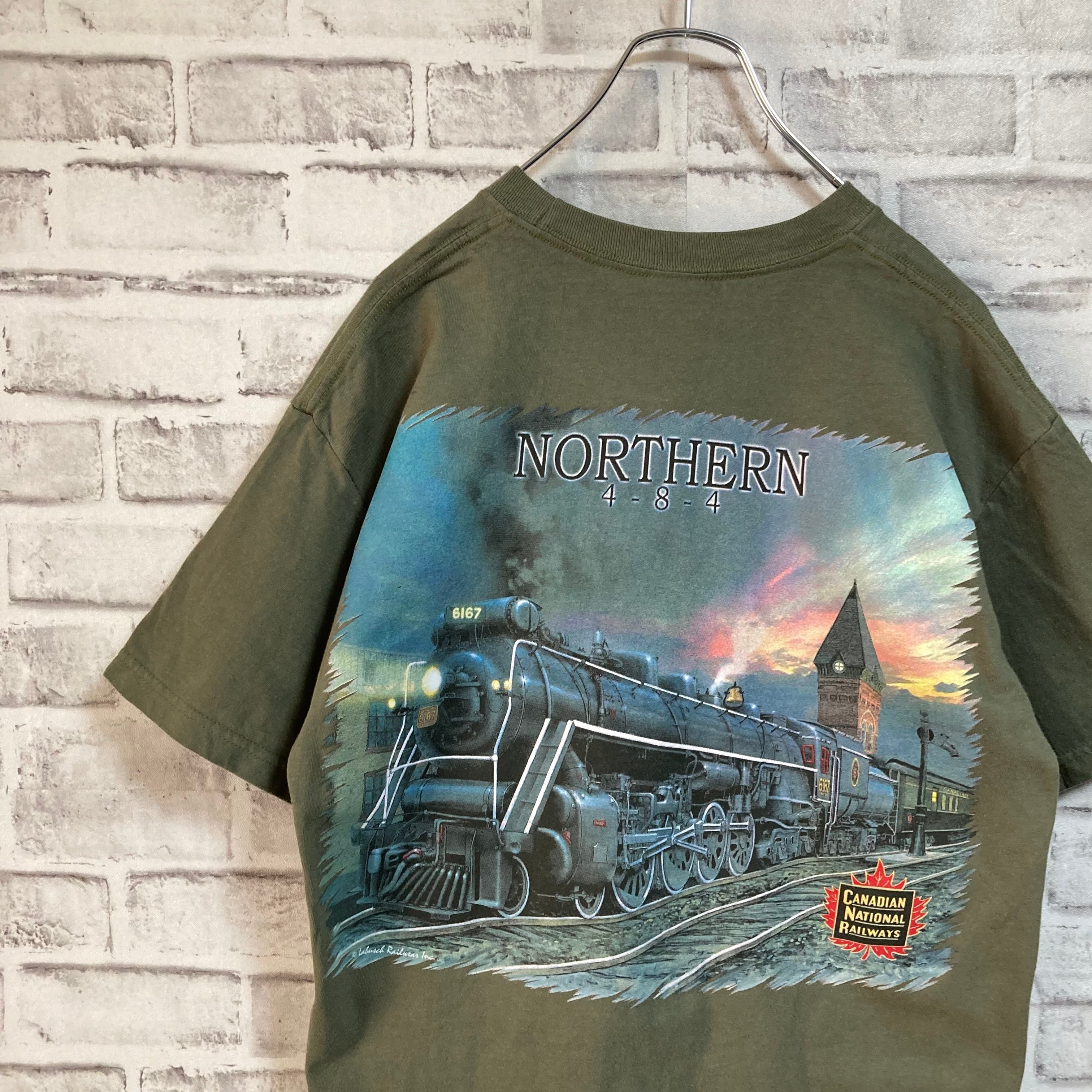 【M&O Knits Heavy Weight】S/S Tee L相当 “CANADIAN NATIONAL RAILWAYS” バックプリント  両面プリント Tシャツ 鉄道 機関車 企業モノ 企業ロゴ アメリカ USA 古着