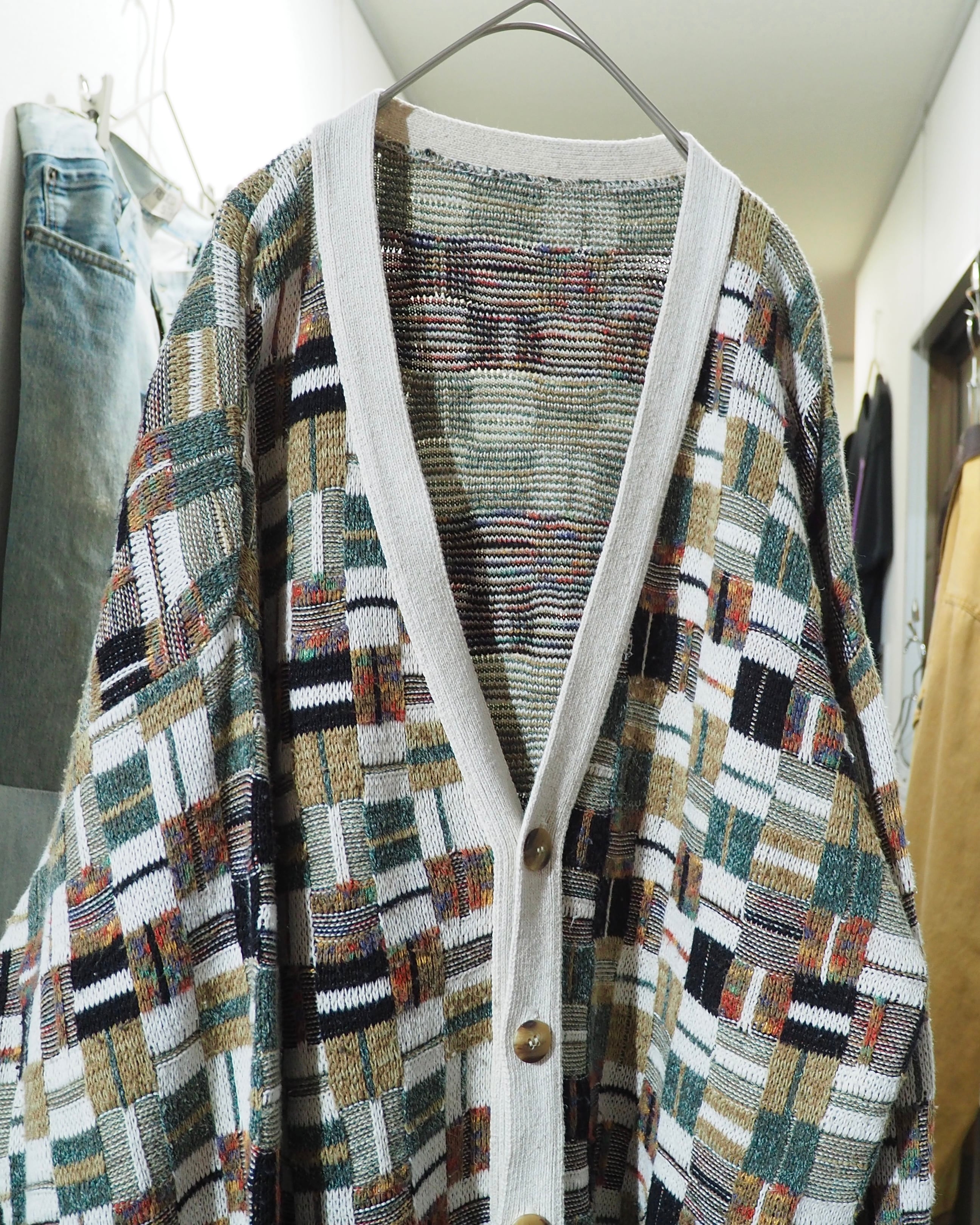 1990s Multi Color Block Weaving Vintage Loose Knit Cardigan