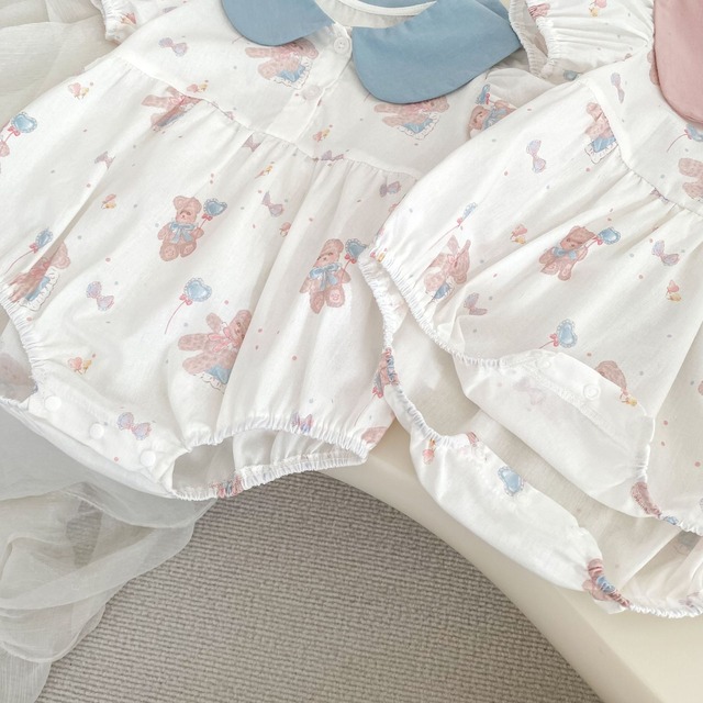 【BABY】風船くまプリントうさ耳襟半袖ロンパース - 14