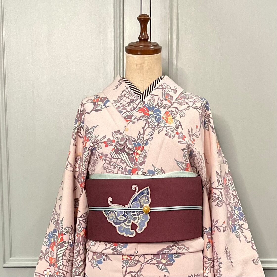 long＊花咲く小道＊未使用品 縮緬 紅型調 松竹梅 椿 茶屋辻 リサイクル 