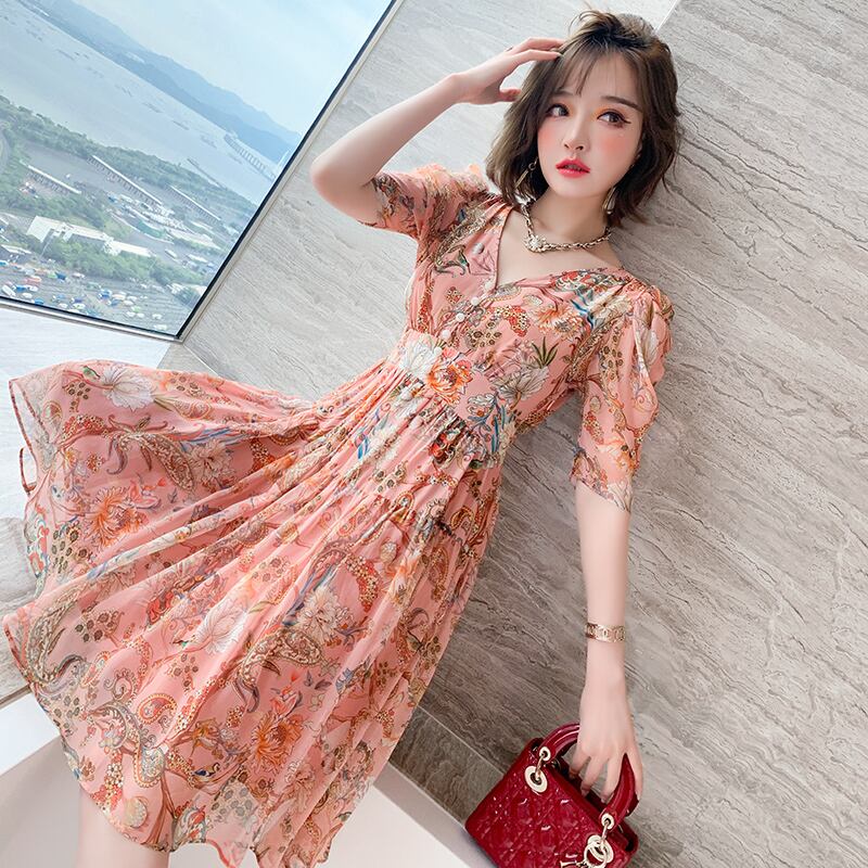 Vネックスリーブウェスト薄手ボタンプリントドレス サマー 夏物 MIUCO76699818081