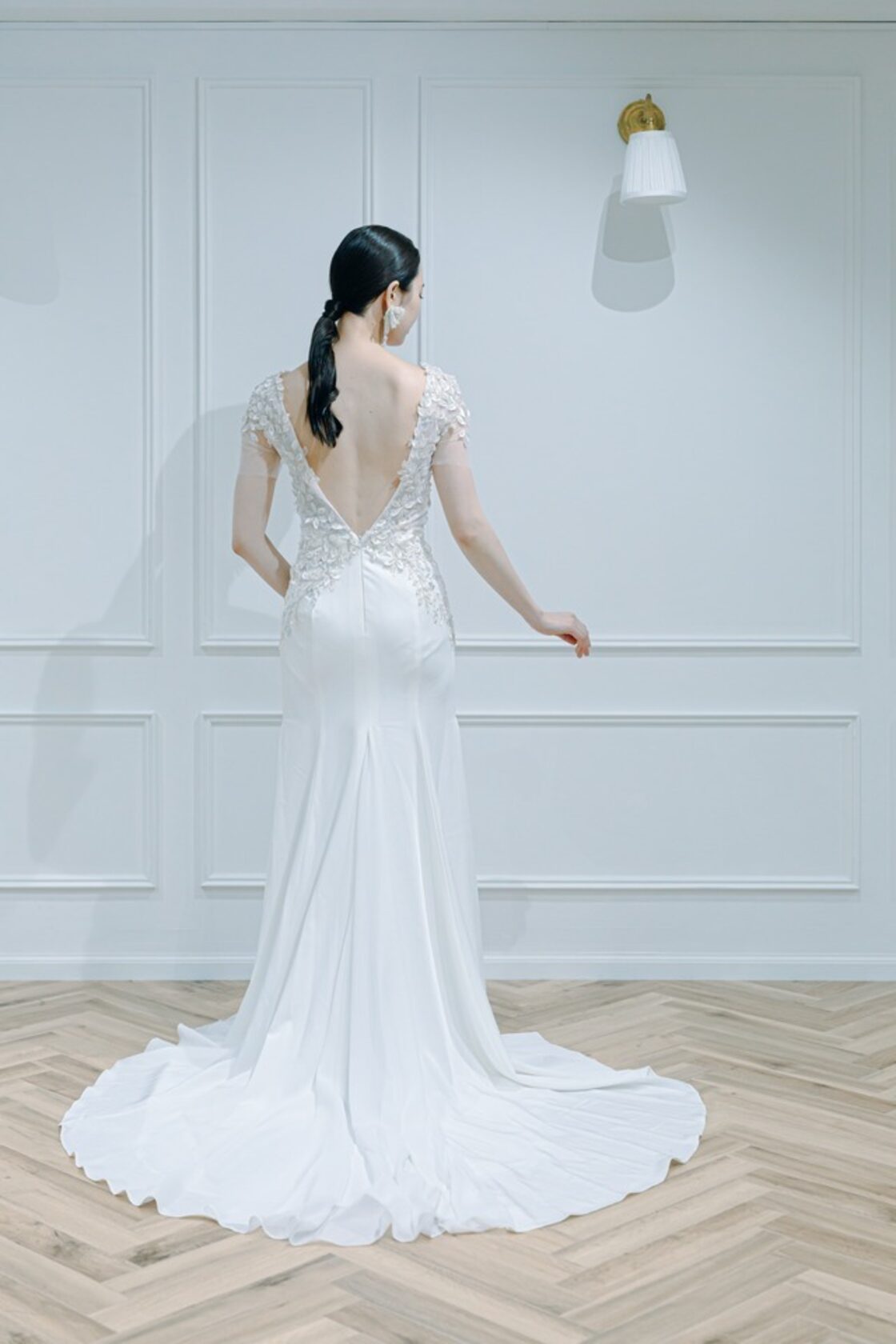 フラワーレース サテンドレス 二次会ドレス 前撮り ウェディングドレス  