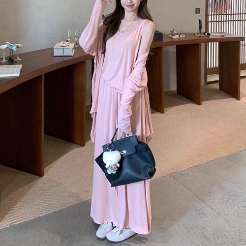 【3点セット】3色／イレヘムノーボタンカーデ＋タンクトップ＋ドロストウエストマキシスカート ・71875