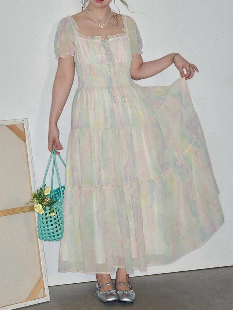 甘く、軽やかに、夏のときめき パステルティアードロングワンピース ロング丈 大人可愛い フリル リボン シャーベットカラー お洒落 フェミニン 上品 オフショル 着映え デート おでかけ リゾート 体型カバー 大きいサイズ 韓国 CH10747