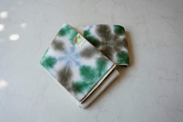 【つゆくさ・半幅帯】勿忘草色×常磐緑×銀煤竹　雪花絞り半幅帯 No.240614①