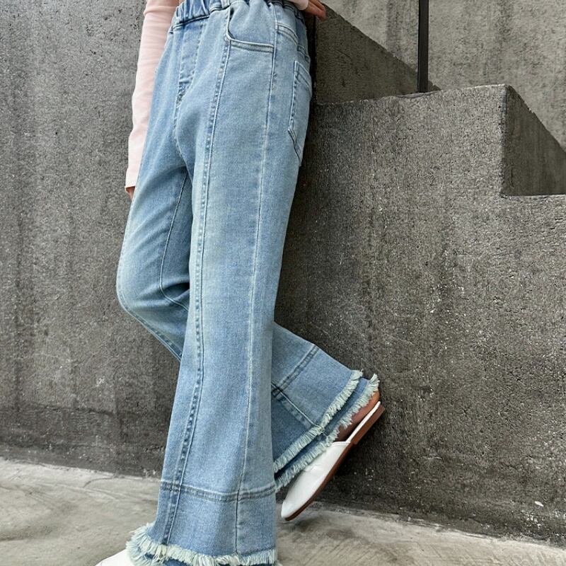 女の子用ダブルフリンジベルボトムロングデニムパンツ(春・秋向け)