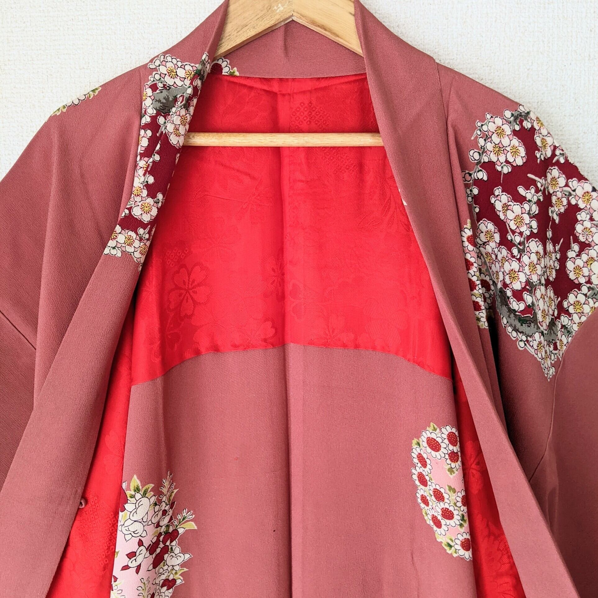 Vintage】HAORI 長羽織 羽織 正絹 縮緬 くすみピンク色 花丸文様 