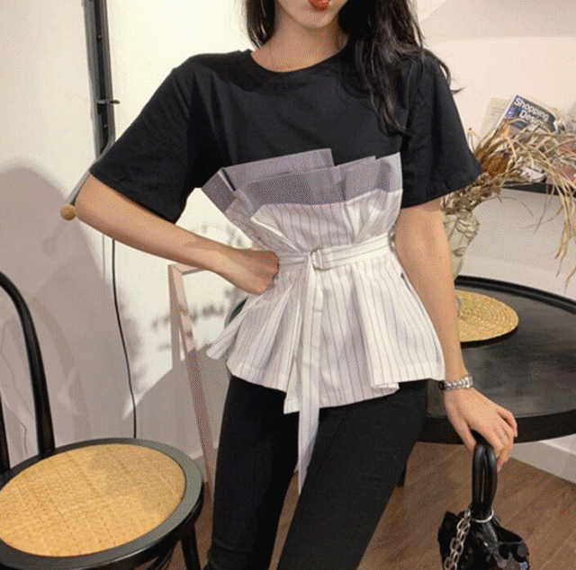 新作 異素材MIX Ｔシャツ フレアtシャツ ベルト付 バックスリット 半袖 レディース 韓国ファッション