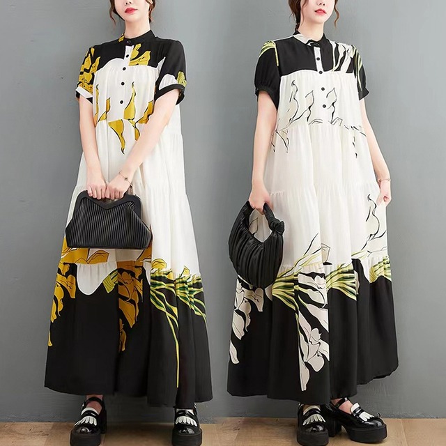 BOTANICAL PRINT STAND COLLAR LONG TIERED DRESS 2colors M-5277