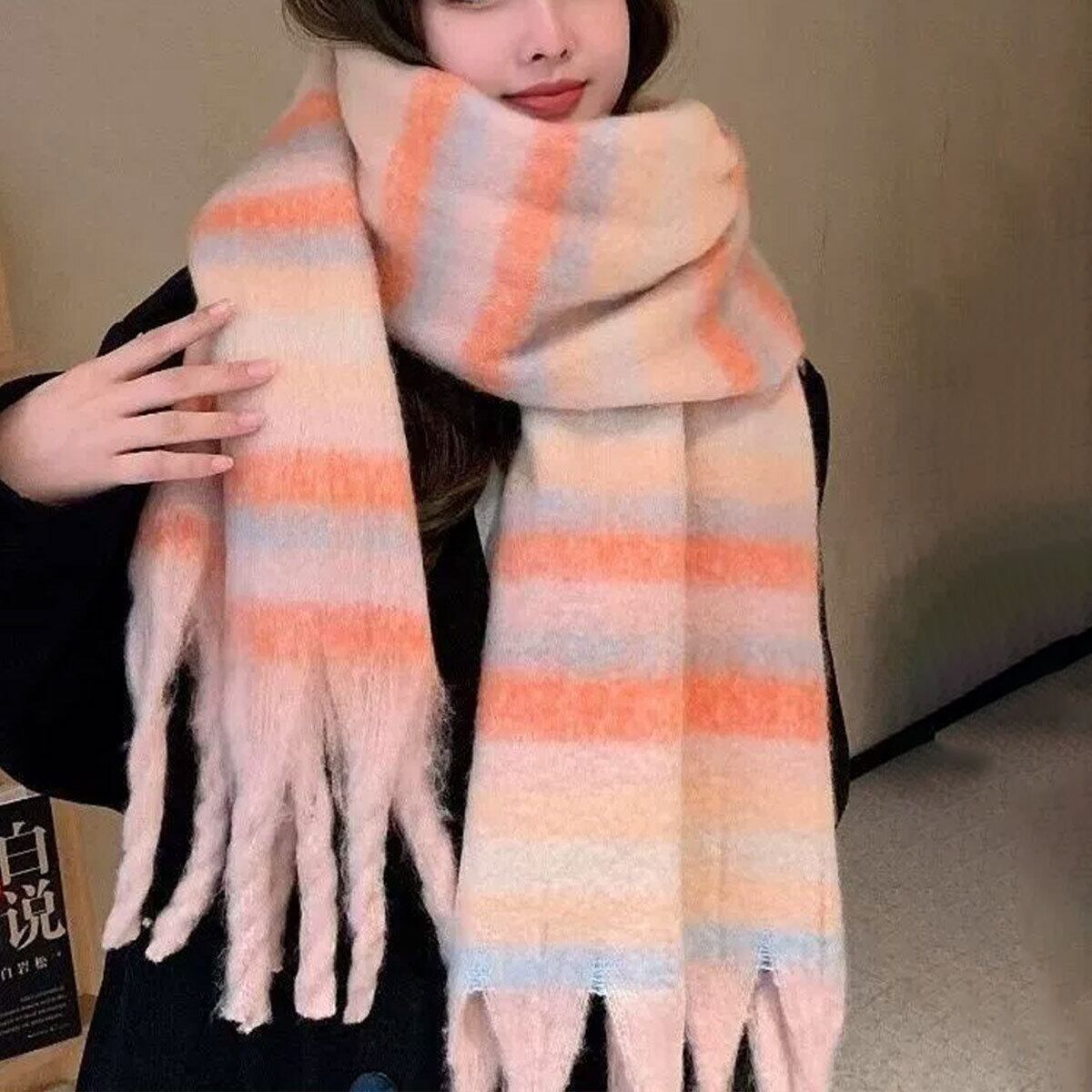 ボリューム マフラー 大判 レディース 秋冬 韓国 ふわふわ もこもこ 防寒 保温 おしゃれ ボーダー柄 フリンジマフラー 通勤 通学 暖かい 大人可愛い 大人女子