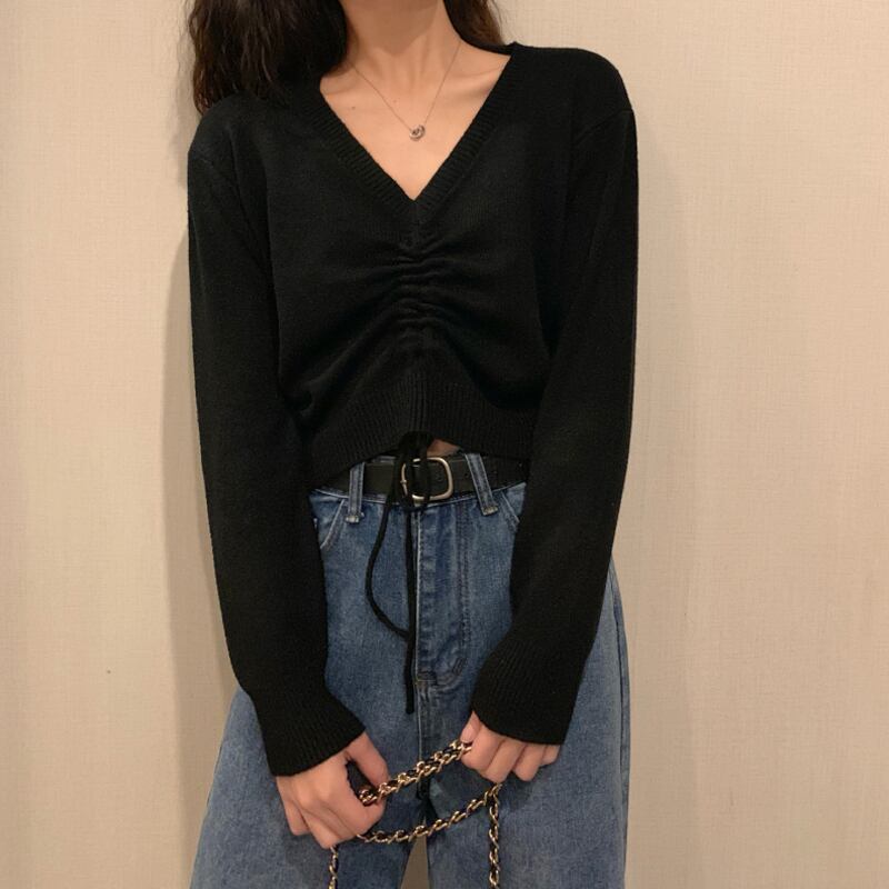 スプリングスリムニットセーター Vネックショートギャザートップス レディース ロング 春物 試着室60567618741