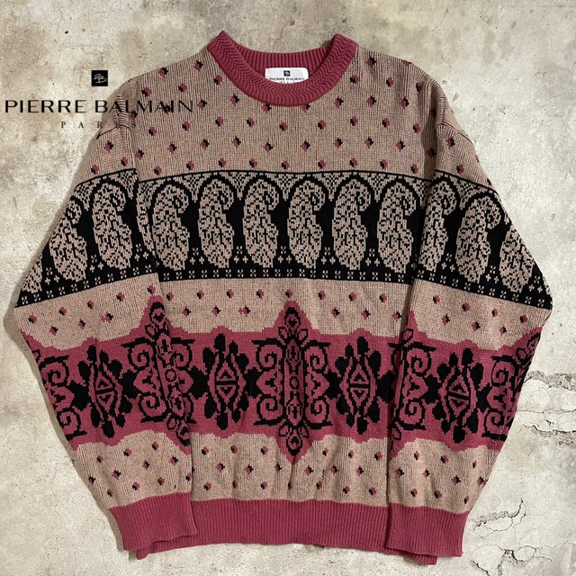 〖Pierre BALMAIN〗full patterned design cashmere blend wool knit/ピエールバルマン 総柄 デザイン カシミア混 ウール ニット/msize/#0513/osaka