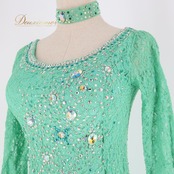 社交ダンス 衣装 スタンダードドレス ドレス ワンピース エメラルドグリーン 緑 黄緑 レース パーティ フリル 上品 綺麗 ダンス グリーン系 エレガント スカート フレア おしゃれ 優雅 パフォーマンス ダンスウェア 女性用