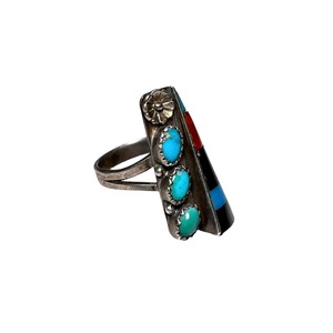 navajo silver onyx & turquoise inlay ring