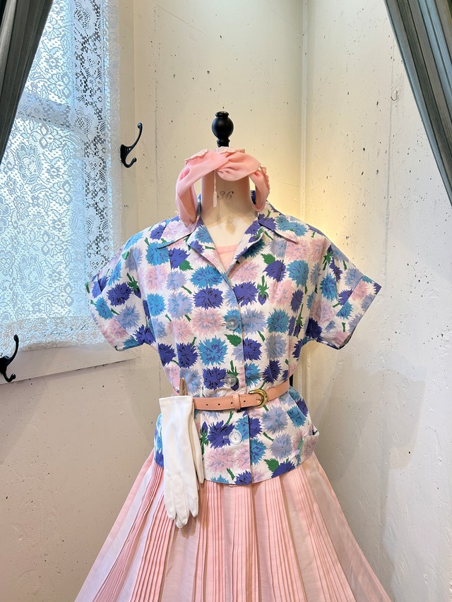50's60's blue flower blouse jacket