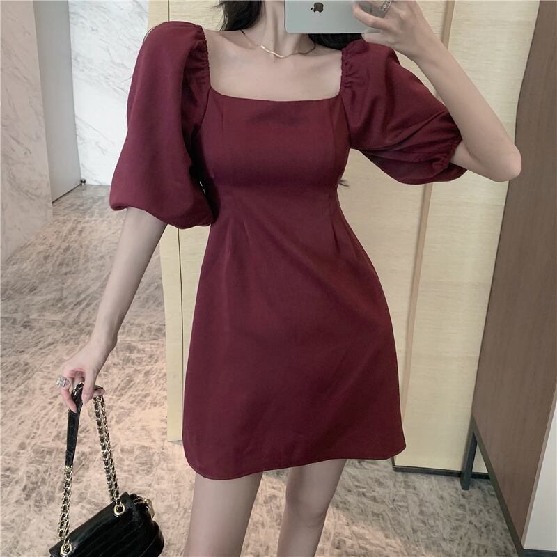 スタンダードカラードレス サマースタイルスリーブ薄手Aラインスカート ショート レトロ 夏物 スクウェア ドラファッションホール12293162444