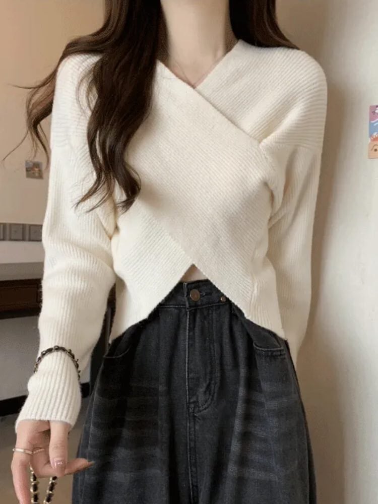 メリハリシルエットでレディな魅力引き立つ カシュクールリブニットトップス 長袖 ニット おしゃれ 大人可愛い セクシー Vネック カジュアル きれいめ 細見え 大きいサイズ 韓国 CH10028