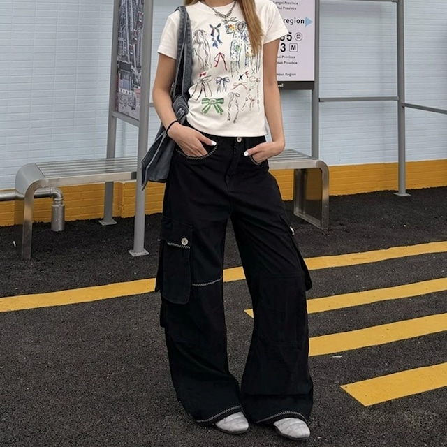 コントラストステッチワイドシルエットカーゴパンツ 2col R02455