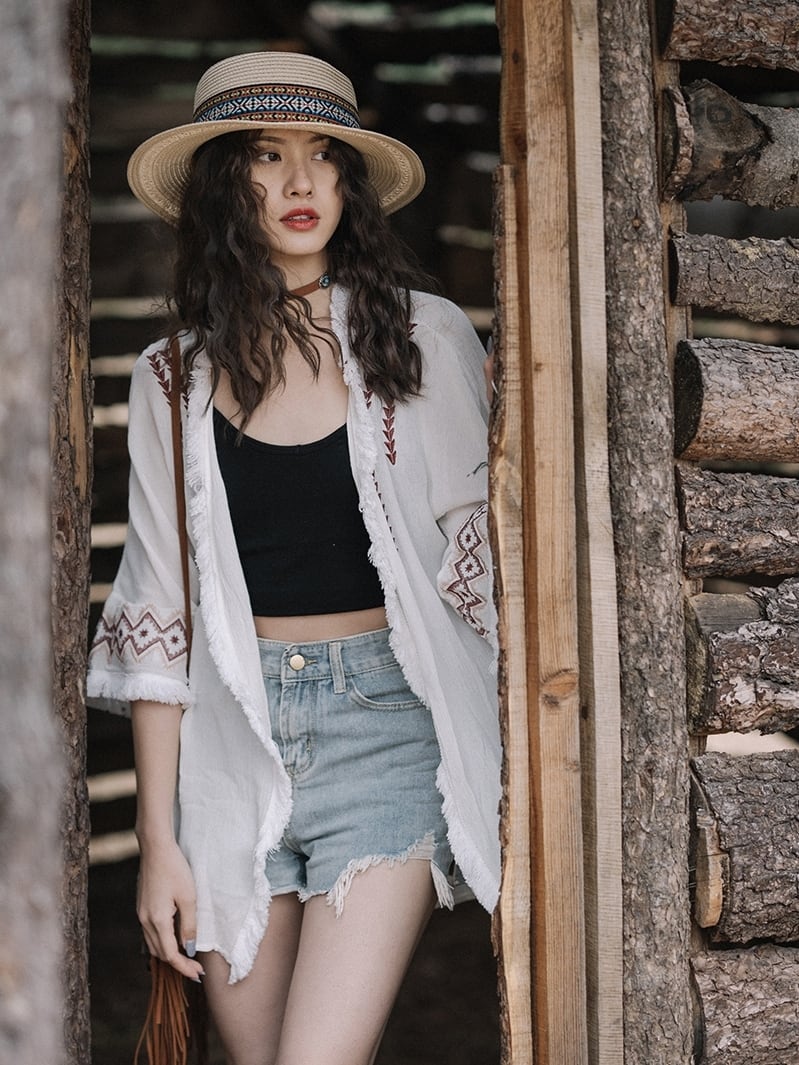 トップス カーディガン フリンジ エスニック 刺繍 七分袖 ホワイト