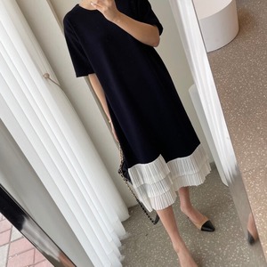 【送料無料】ワンピース ドレス レディース 3色 夏 半袖 半袖ワンピース プリーツ 裾プリーツ プリーツ切り替え 膝下 ミモレ丈 iライン ゆったり 体型カバー 着痩せ 細見え 無地 シンプル バイカラー 配色 夏ワンピース 夏ワンピ 真夏 カットソーワンピース カットソー 大人 カジュアル 韓国 人気 おしゃれ お出かけ 旅行 20代 30代 40代 50代 ホワイト ブラック ベージュ