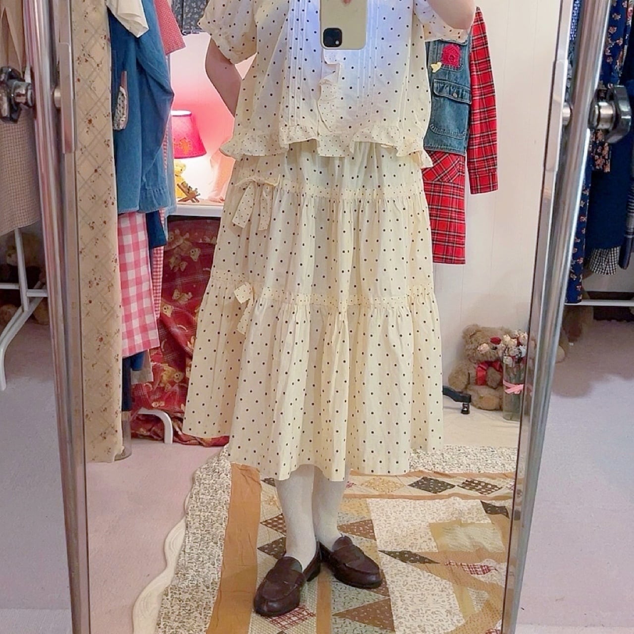 cream brown dot blouse & skirt set up