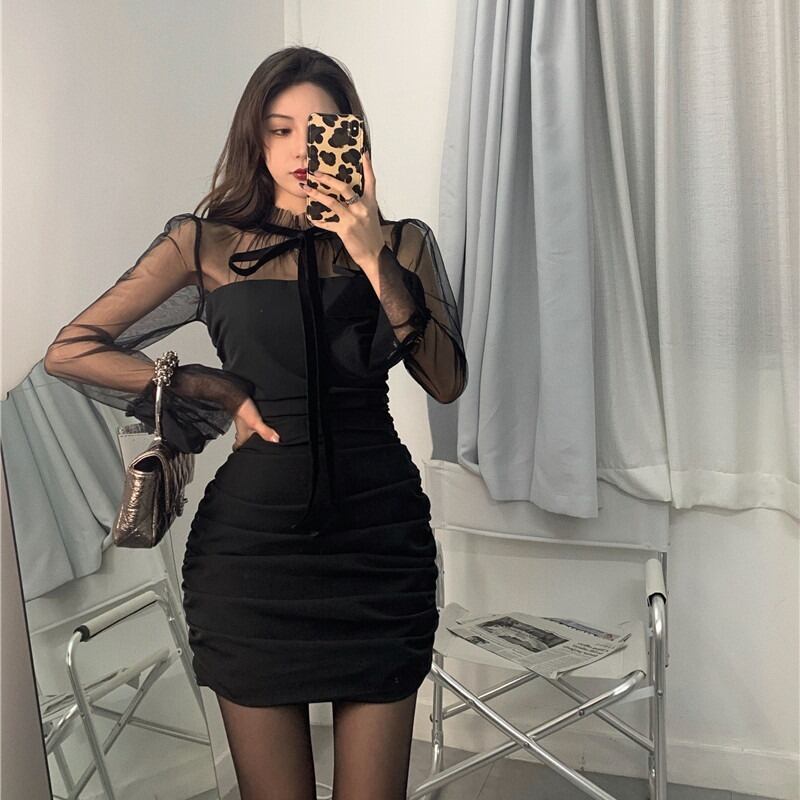 ドレス メッシュブラックショートスカート スプリングウェストスリム ロング 春物 ステッチ ブラックストロベリース85178916902