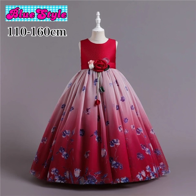 キッズドレス プリンセス ロングドレス 発表会 おしゃれ 子供ドレス 結婚式 シンプル 花柄 ネイビー レッド ピンク