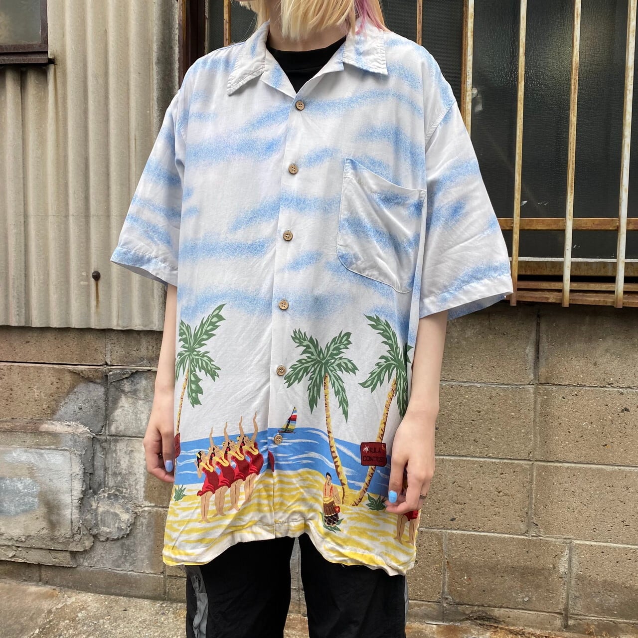 CHEROKEE WAIKIKI WEAR レーヨン アロハシャツ オープンカラーシャツ メンズXL相当 古着 開襟 ヤシの木 総柄シャツ  ハワイアンシャツ ホワイト 白【半袖シャツ】【PD20】【AN20】 | cave 古着屋【公式】古着通販サイト