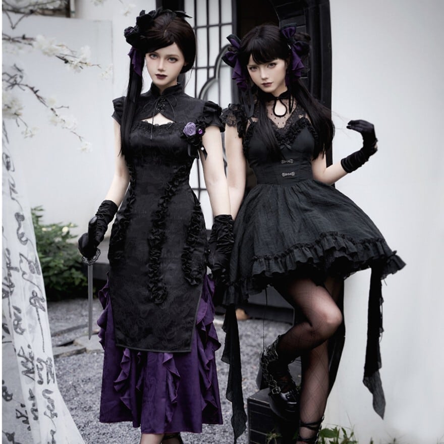 ゴスロリ チャイナ風 サスペンダースカート レース アシンメトリー PUJIオリジナル