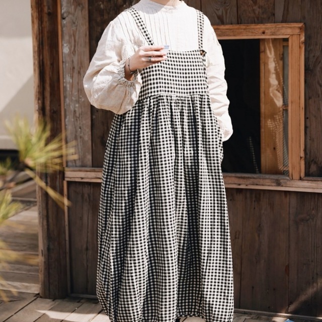ギンガムチェックバルーンジャンパースカート　T0077