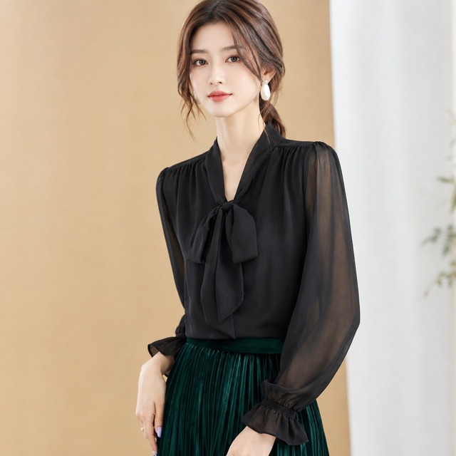 Bow Tie Chiffon Long Sleeve Blouse(4color) V3744