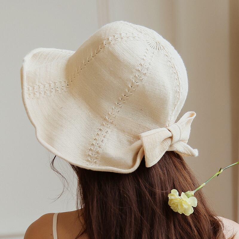 ボウノットコットンとリネンのサンハット女性のバージョン夏の野生の折りたたみ日焼け止めフィッシャーマンハット夏のビーチ旅行とレジャー ブラック・アイド・ピーズ70615011766