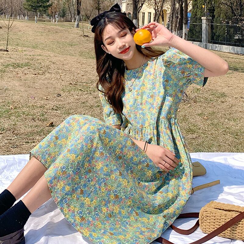 スカート サマースタイルスタンダードフローラルスリーブラウンドネックウェストドレス レトロ 夏物 花柄 Oネック 萌量不足81172929170