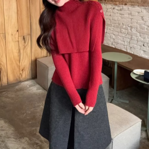 3色／ハイネックケープ付きニット ・74992