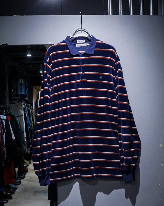 【add (C) vintage】"Christian Dior" Horizontal Stripe Vintage Loose Velour Polo Shirt