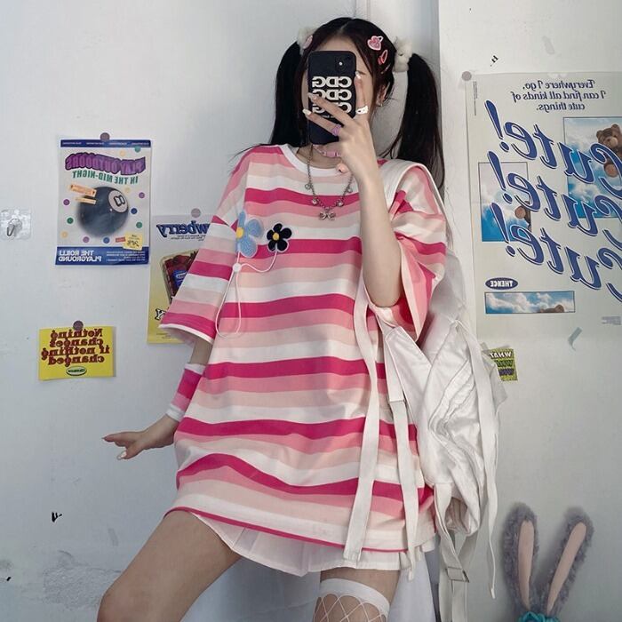 サマーストライプTシャツ ルーズトップス 大きめサイズ 夏物 ケッペル61803330517