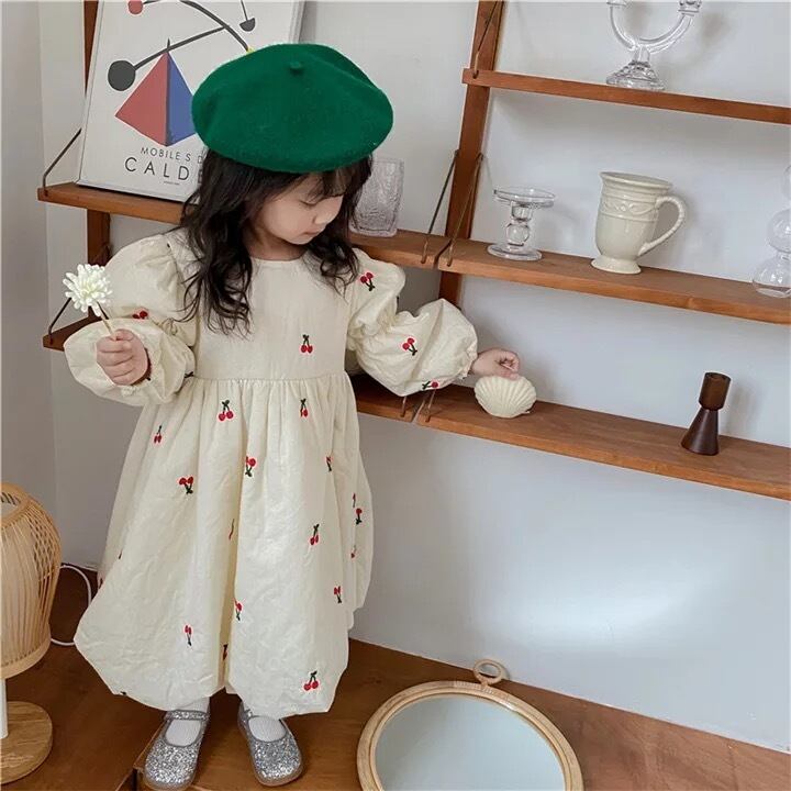 送料無料 女の子 パフスリーブ 長袖 さくらんぼ ワンピース ドレス サクランボ 子供 キッズ ベビー ジュニア ナチュラル 春 夏 韓国 La Preference