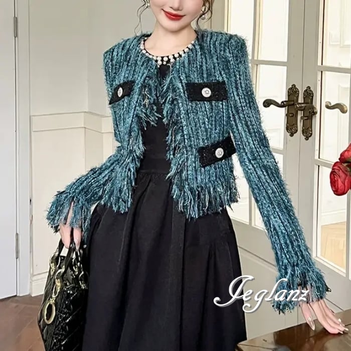 ツイード ニット ジャケット 配色 フリンジ クラス感 ファンシー(MB093)τ