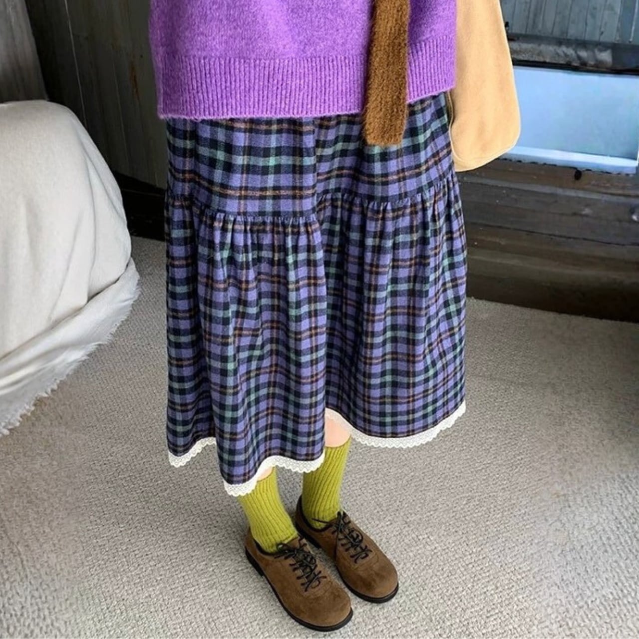 パープルミックスチェックハーフフレアスカート R01366