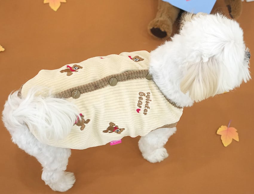 bear corduroy vest S ~ XL 2color / 犬服 秋冬 新作 コーデュロイ ベスト アウター ベロア 裏地 暖かい 可愛い 犬の服 トップス お揃い ドッグウェア