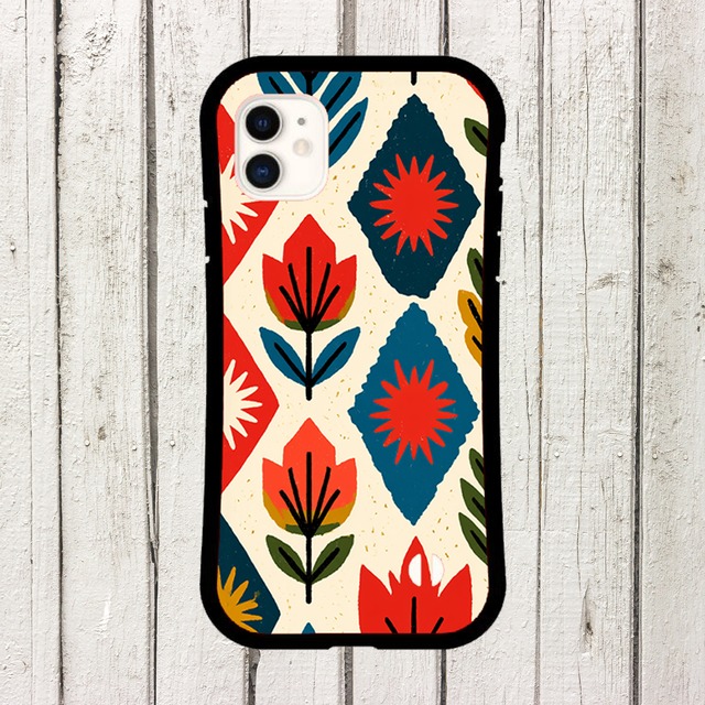 受注生産 iPhoneケース 赤青の花と葉の民芸柄｜ボタニカル FMSY052A