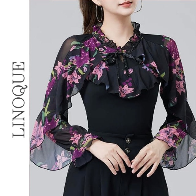 シースルーフリルカラー花柄トップス 5color 【L00194】
