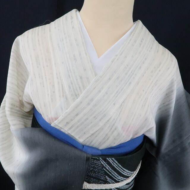 新品 紗紬 燕 竹縞 夏着物 正絹 仕付け糸付“風を友とするツバメを 