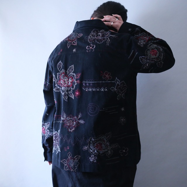 "刺繍" flower art pattern beads decoration box silhouette cotton shirt jacket