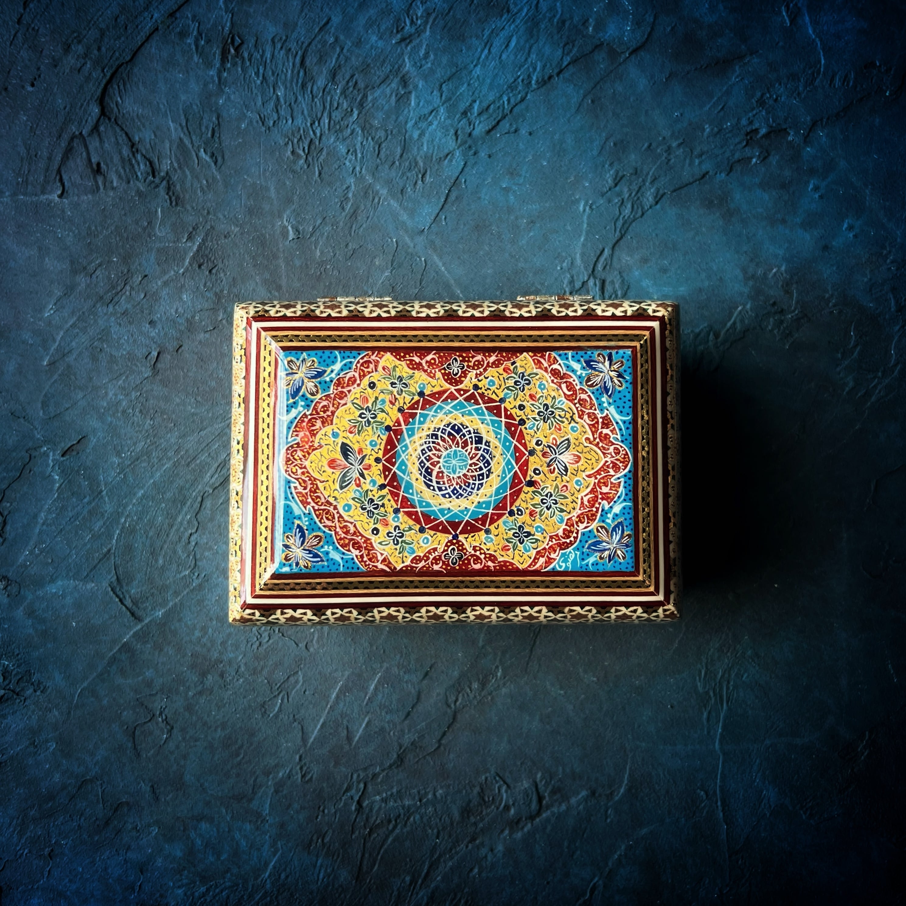 象嵌細工(ハータムカーリー)小箱 長方形 14cm ターコイズ × イエロー【KHATAM KARI-188】