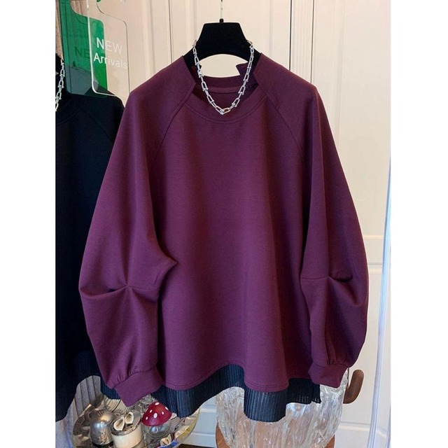 PLEATS STITCHED HEM DESIGN NECK SWEAT SHIRT 2colors M-11680